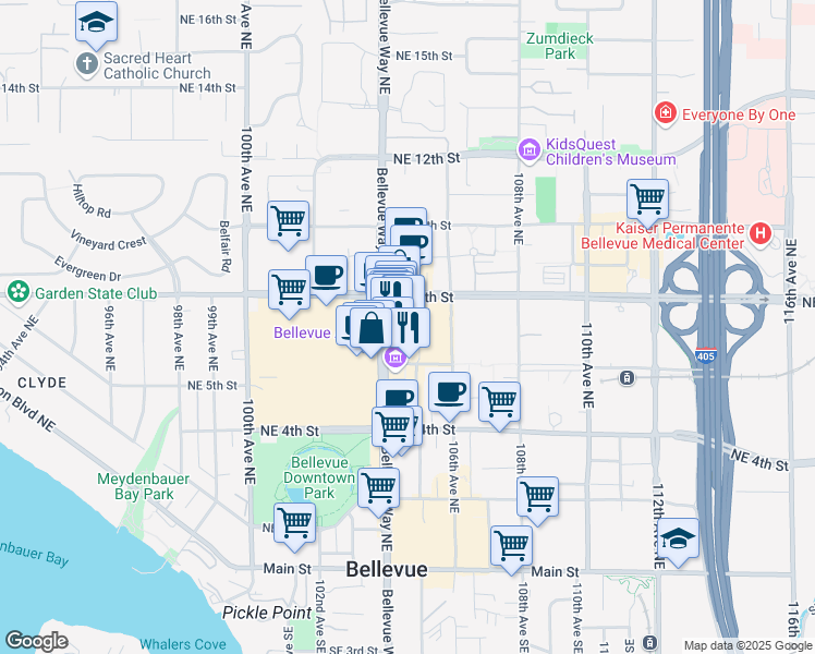 map of restaurants, bars, coffee shops, grocery stores, and more near in Bellevue