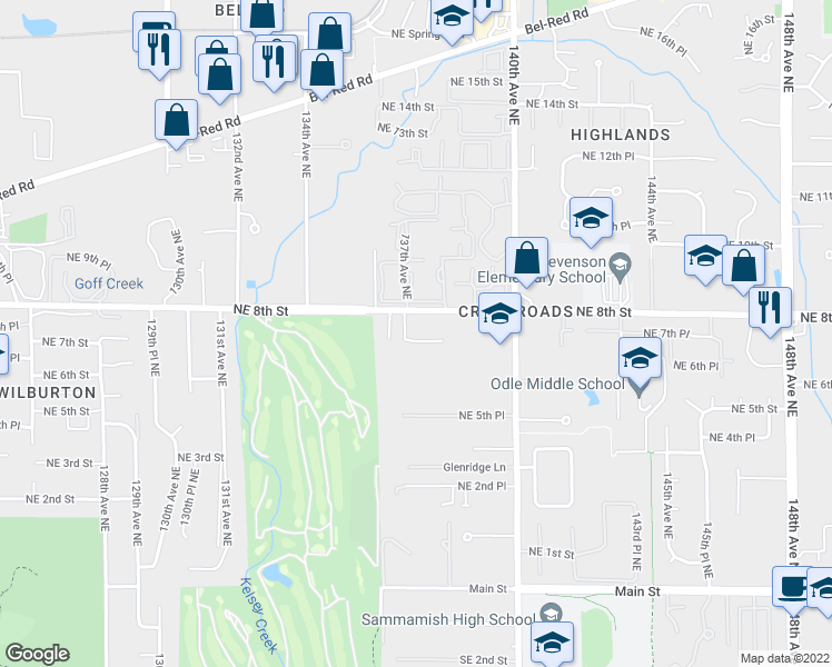 map of restaurants, bars, coffee shops, grocery stores, and more near 715 140th Avenue Northeast in Bellevue