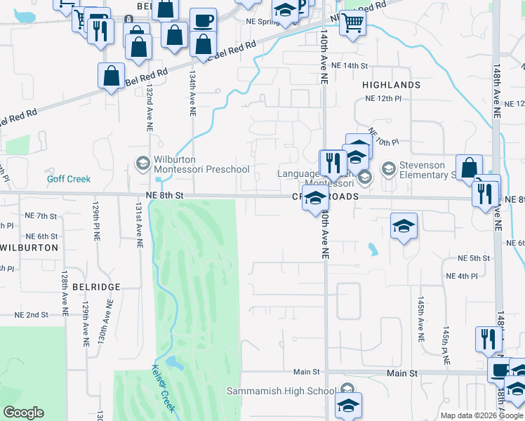 map of restaurants, bars, coffee shops, grocery stores, and more near 715 140th Avenue Northeast in Bellevue