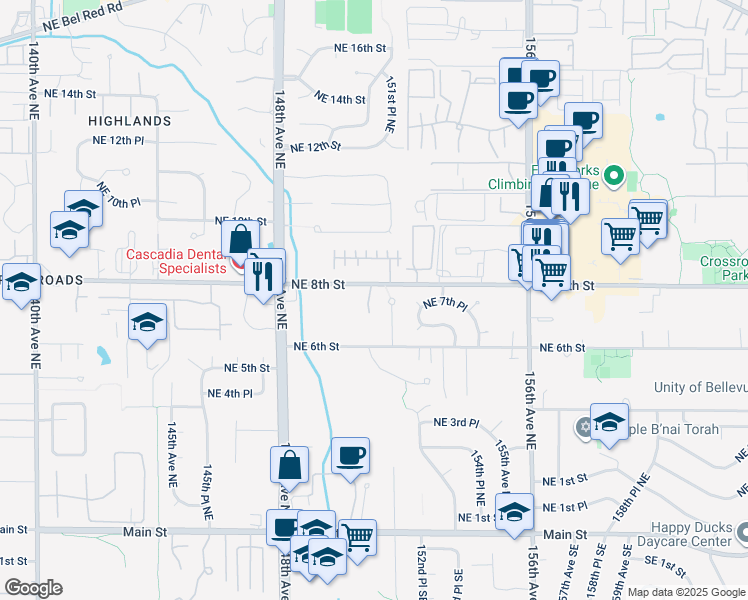 map of restaurants, bars, coffee shops, grocery stores, and more near 15162 Northeast 8th Street in Bellevue