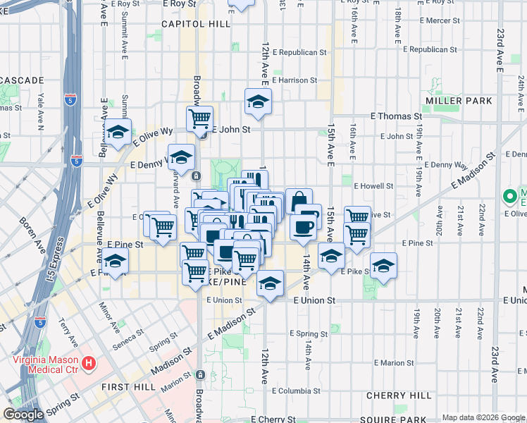 map of restaurants, bars, coffee shops, grocery stores, and more near 1701 12th Avenue in Seattle
