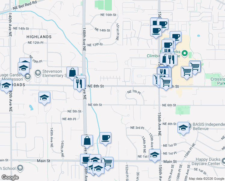 map of restaurants, bars, coffee shops, grocery stores, and more near 15165 Northeast 8th Street in Bellevue