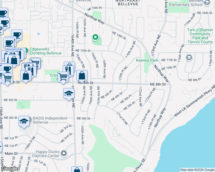 map of restaurants, bars, coffee shops, grocery stores, and more near 16802 Northeast 6th Place in Bellevue