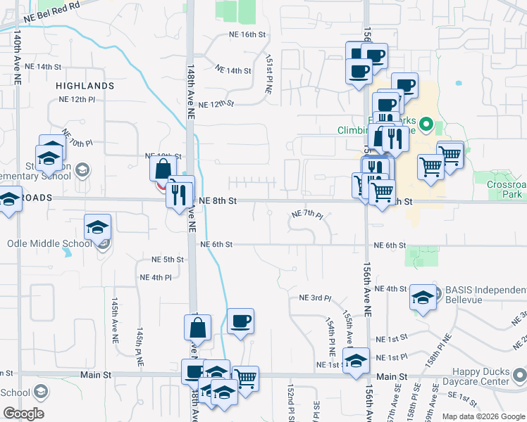 map of restaurants, bars, coffee shops, grocery stores, and more near 15162 Northeast 8th Street in Bellevue