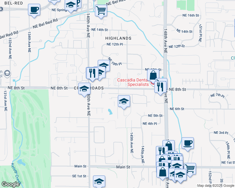 map of restaurants, bars, coffee shops, grocery stores, and more near 601 143rd Avenue Northeast in Bellevue