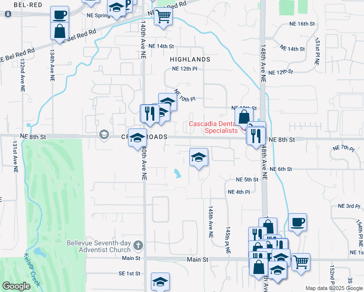 map of restaurants, bars, coffee shops, grocery stores, and more near 701 143rd Avenue Northeast in Bellevue
