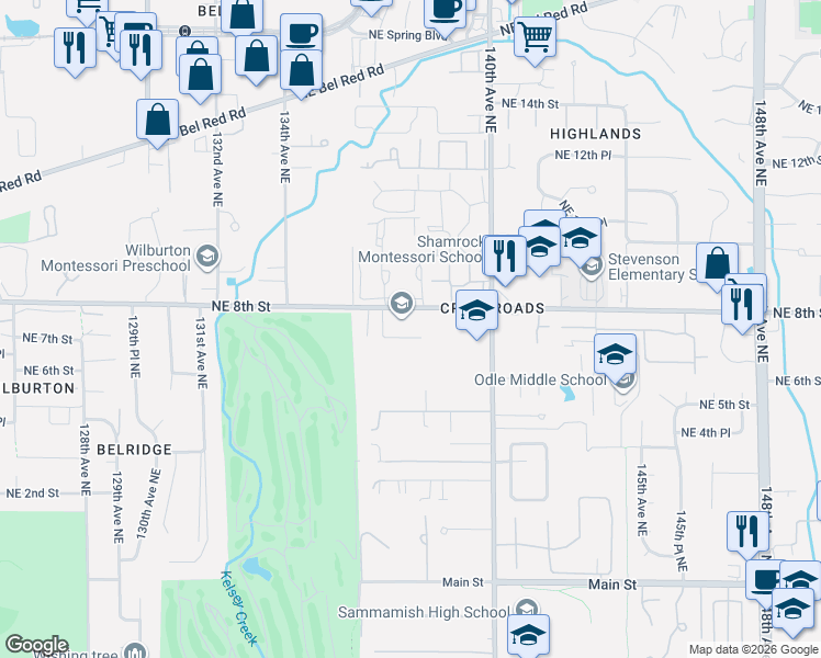 map of restaurants, bars, coffee shops, grocery stores, and more near 715 140th Avenue Northeast in Bellevue