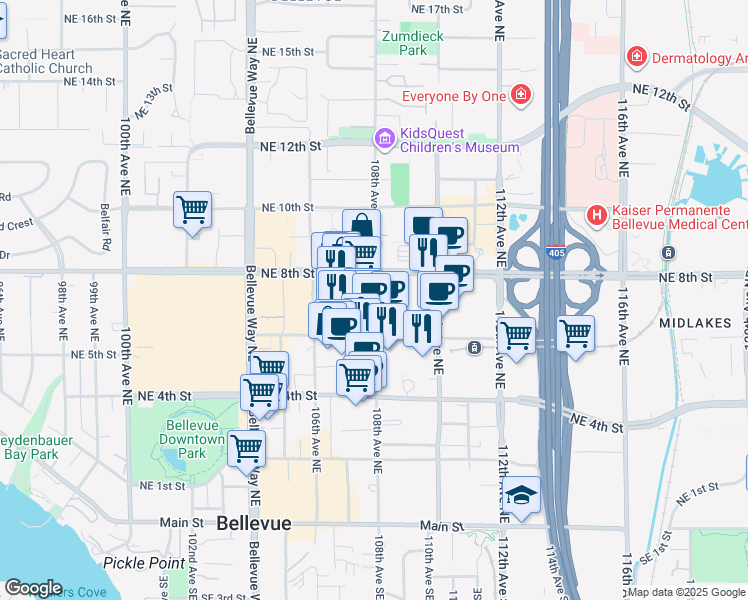 map of restaurants, bars, coffee shops, grocery stores, and more near 600 108th Avenue Northeast in Bellevue