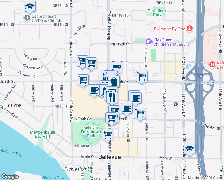 map of restaurants, bars, coffee shops, grocery stores, and more near in Bellevue