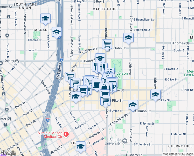 map of restaurants, bars, coffee shops, grocery stores, and more near 1625 Broadway in Seattle
