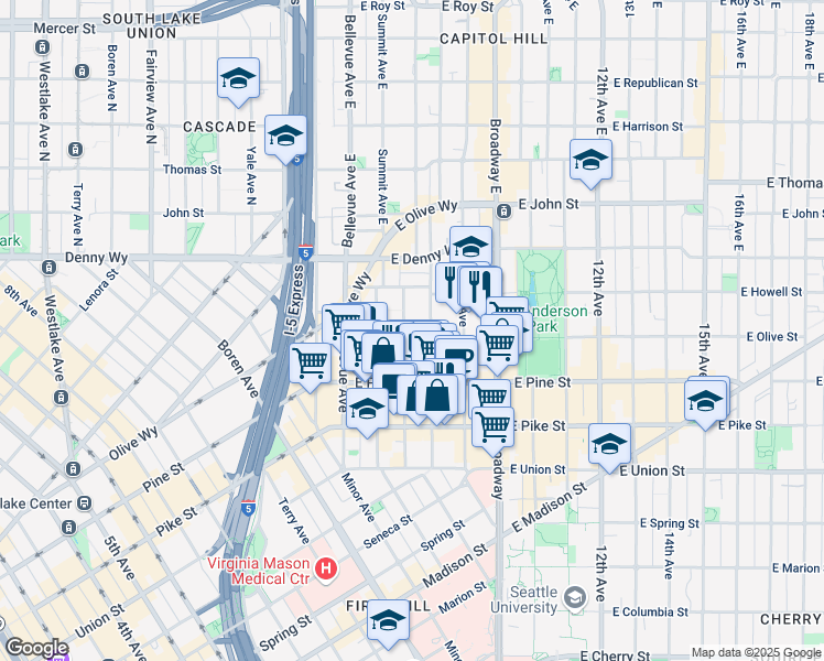 map of restaurants, bars, coffee shops, grocery stores, and more near 1617 Boylston Avenue in Seattle