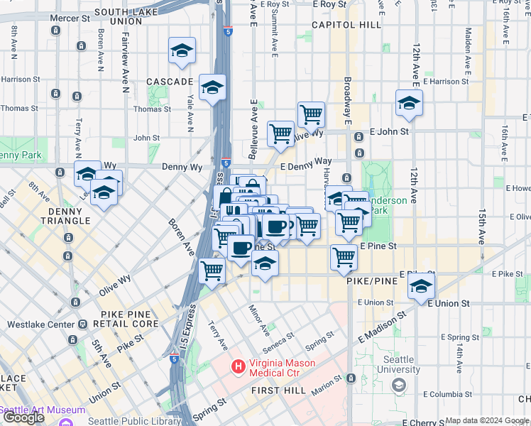 map of restaurants, bars, coffee shops, grocery stores, and more near 1628 Bellevue Avenue in Seattle