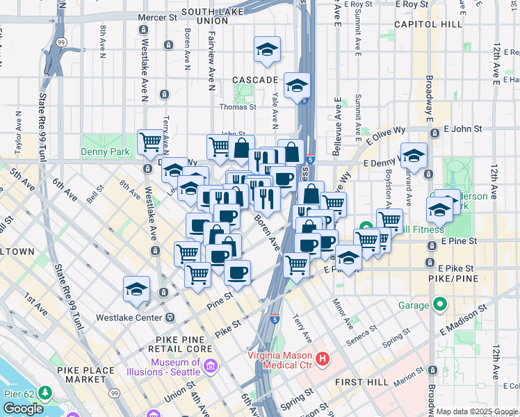 map of restaurants, bars, coffee shops, grocery stores, and more near 1812 Boren Avenue in Seattle