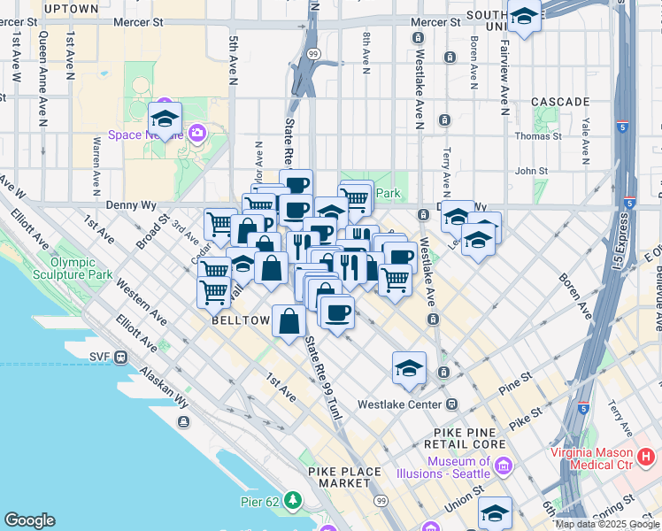 map of restaurants, bars, coffee shops, grocery stores, and more near in Seattle