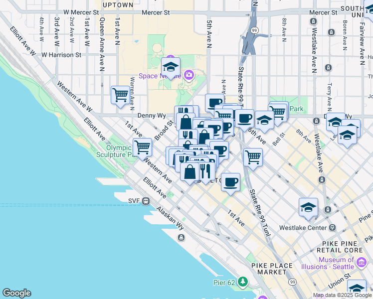 map of restaurants, bars, coffee shops, grocery stores, and more near 2601 2nd Avenue in Seattle