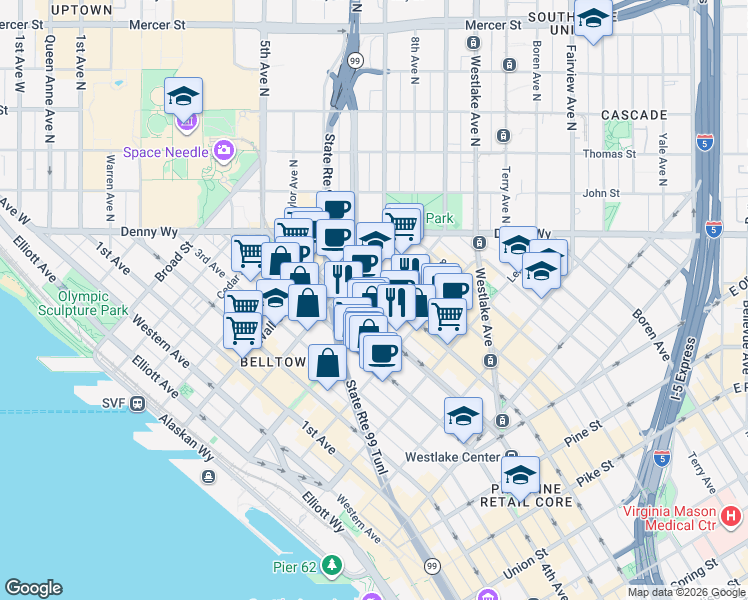 map of restaurants, bars, coffee shops, grocery stores, and more near 588 Bell Street in Seattle