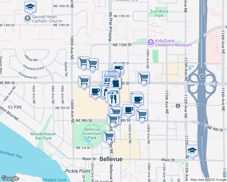 map of restaurants, bars, coffee shops, grocery stores, and more near 650 Bellevue Way Northeast in Bellevue