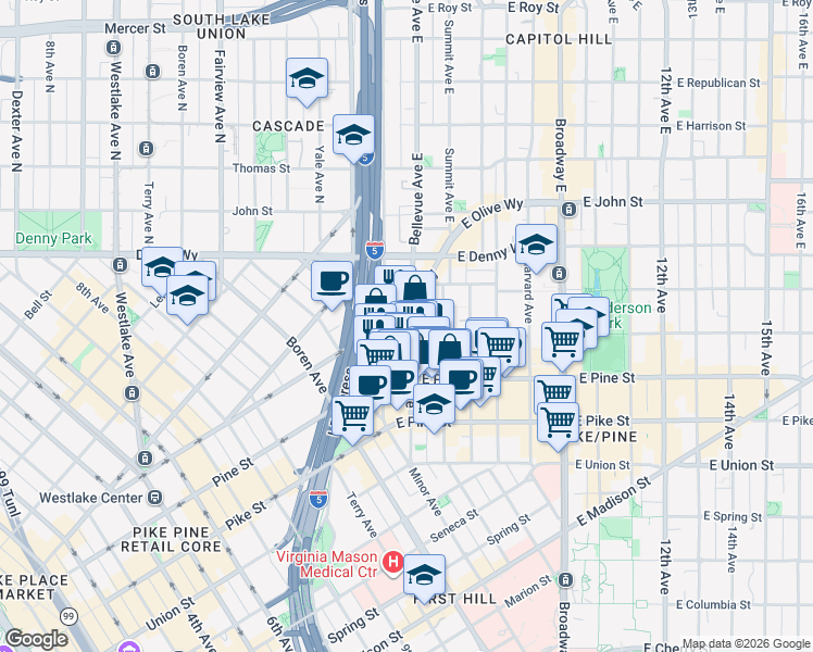 map of restaurants, bars, coffee shops, grocery stores, and more near 1651 Bellevue Avenue in Seattle