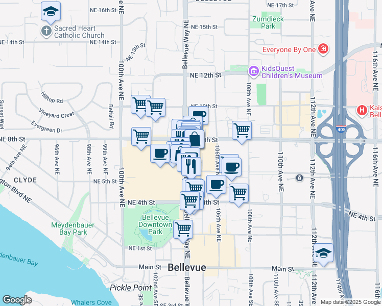 map of restaurants, bars, coffee shops, grocery stores, and more near 600 Bellevue Way Northeast in Bellevue