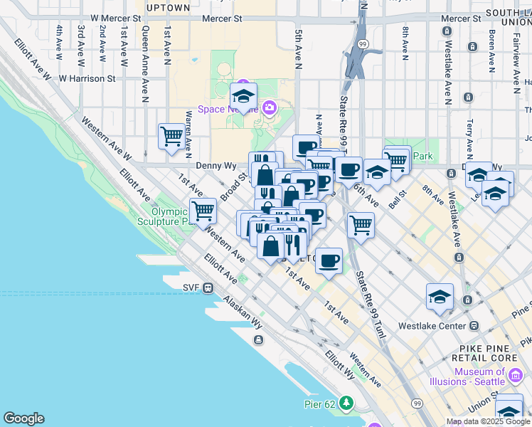 map of restaurants, bars, coffee shops, grocery stores, and more near 225 Cedar Street in Seattle