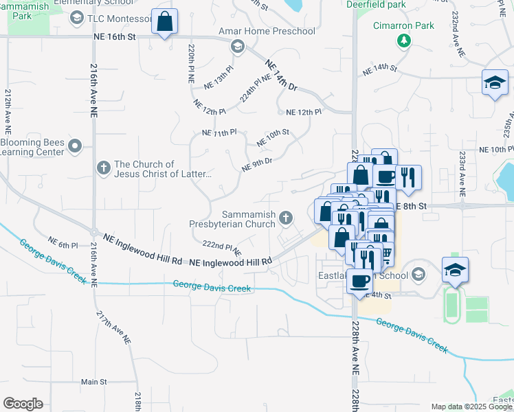 map of restaurants, bars, coffee shops, grocery stores, and more near 819 224th Avenue Northeast in Sammamish