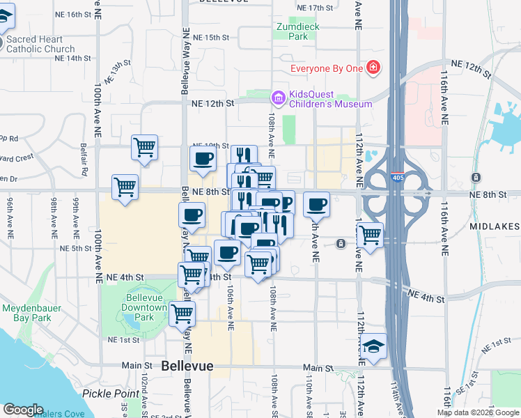 map of restaurants, bars, coffee shops, grocery stores, and more near 777 108th Avenue Northeast in Bellevue
