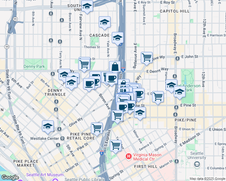map of restaurants, bars, coffee shops, grocery stores, and more near 1730 Minor Avenue in Seattle
