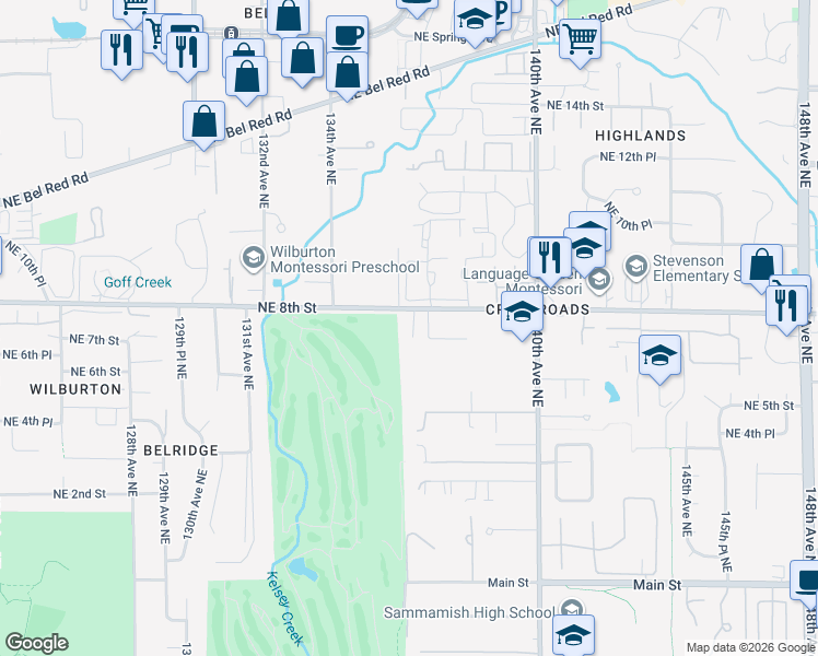 map of restaurants, bars, coffee shops, grocery stores, and more near 13611 Northeast 8th Street in Bellevue