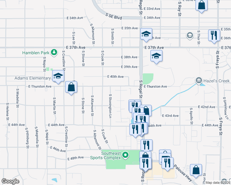 map of restaurants, bars, coffee shops, grocery stores, and more near 4131 South Stonington Lane in Spokane