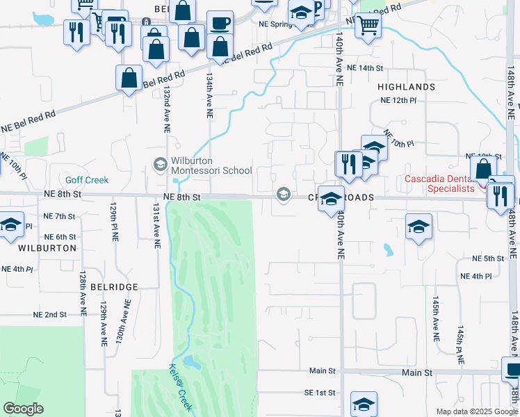 map of restaurants, bars, coffee shops, grocery stores, and more near 715 140th Avenue Northeast in Bellevue