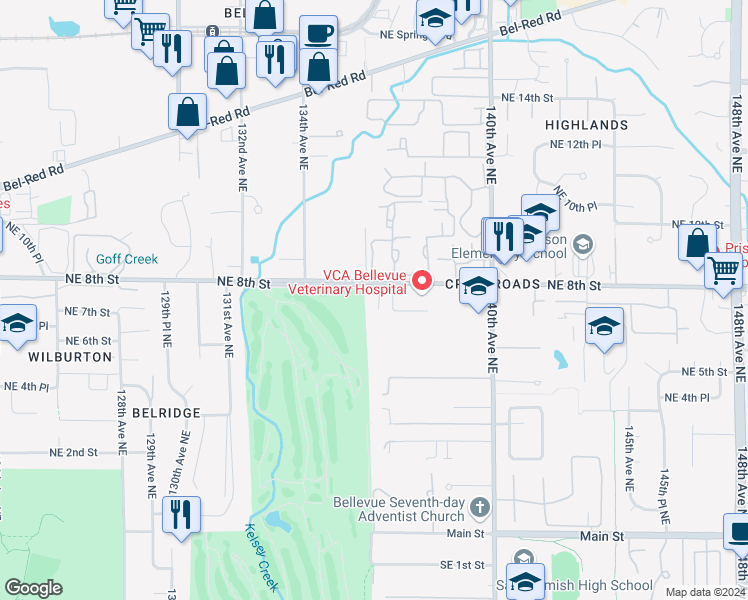 map of restaurants, bars, coffee shops, grocery stores, and more near 715 140th Avenue Northeast in Bellevue