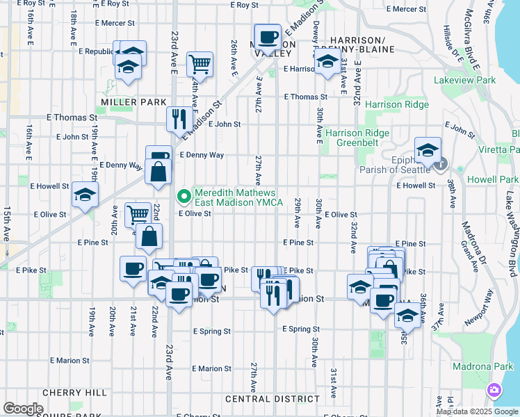 map of restaurants, bars, coffee shops, grocery stores, and more near in Seattle
