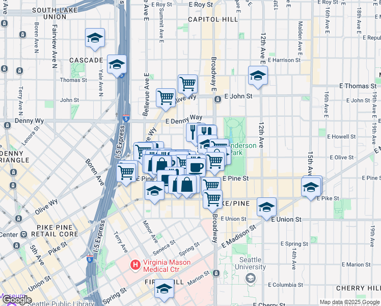 map of restaurants, bars, coffee shops, grocery stores, and more near 1617 Boylston Avenue in Seattle