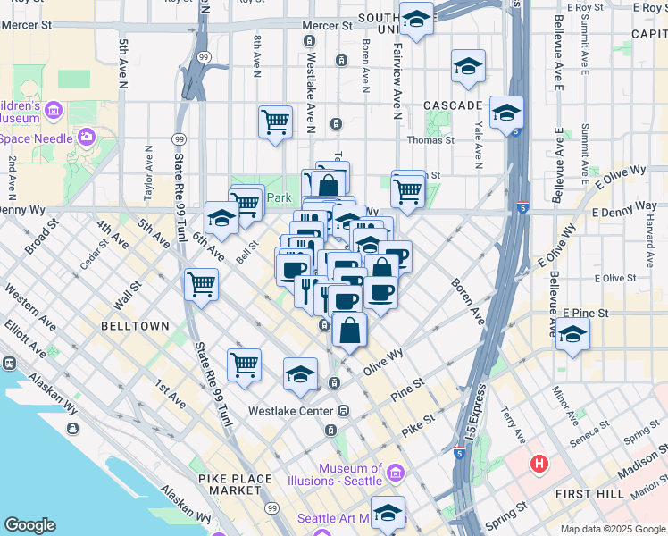 map of restaurants, bars, coffee shops, grocery stores, and more near 762 Virginia Street in Seattle
