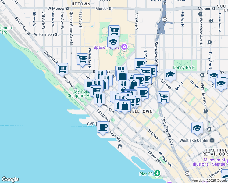 map of restaurants, bars, coffee shops, grocery stores, and more near in Seattle