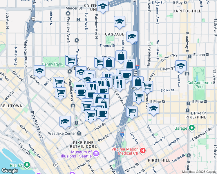 map of restaurants, bars, coffee shops, grocery stores, and more near 1099 Stewart Street in Seattle