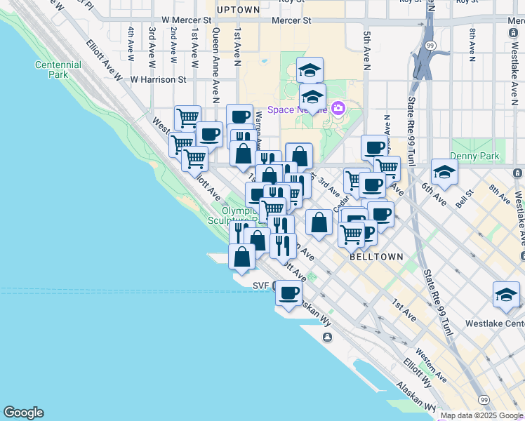 map of restaurants, bars, coffee shops, grocery stores, and more near 25 Broad Street in Seattle