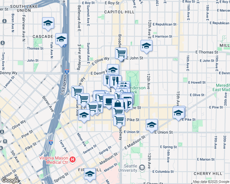 map of restaurants, bars, coffee shops, grocery stores, and more near 1701 Broadway in Seattle