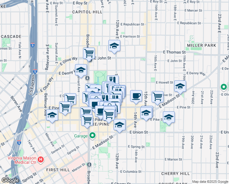 map of restaurants, bars, coffee shops, grocery stores, and more near in Seattle