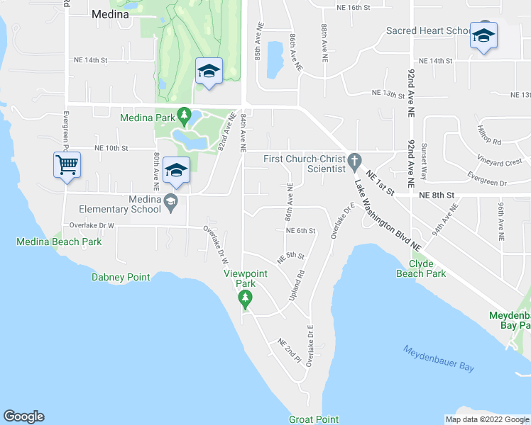 map of restaurants, bars, coffee shops, grocery stores, and more near 8429 Northeast 7th Street in Medina