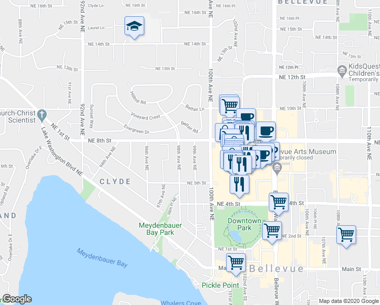 map of restaurants, bars, coffee shops, grocery stores, and more near 719 99th Avenue Northeast in Bellevue