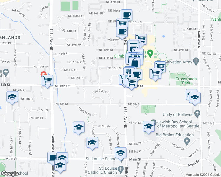 map of restaurants, bars, coffee shops, grocery stores, and more near 765 154th Place Northeast in Bellevue