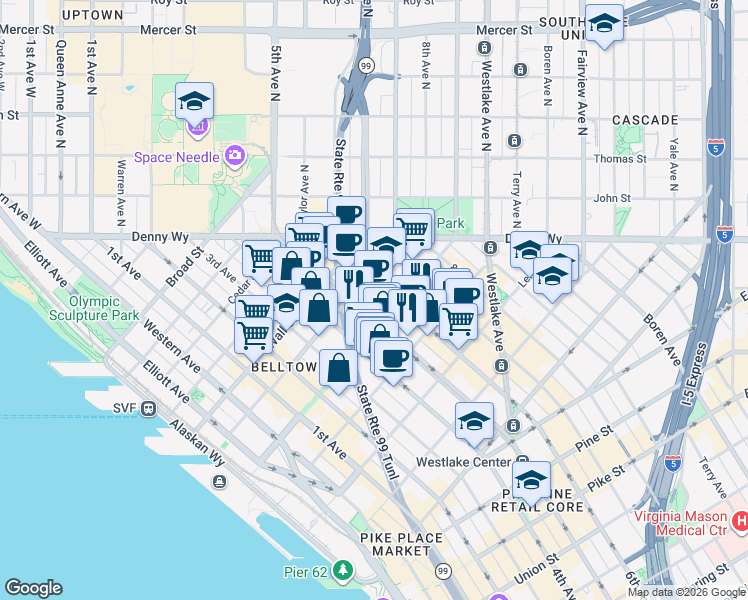 map of restaurants, bars, coffee shops, grocery stores, and more near 2301 6th Avenue in Seattle