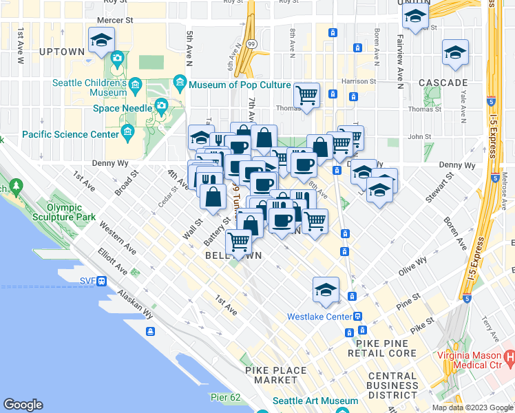 map of restaurants, bars, coffee shops, grocery stores, and more near 2326 6th Avenue in Seattle