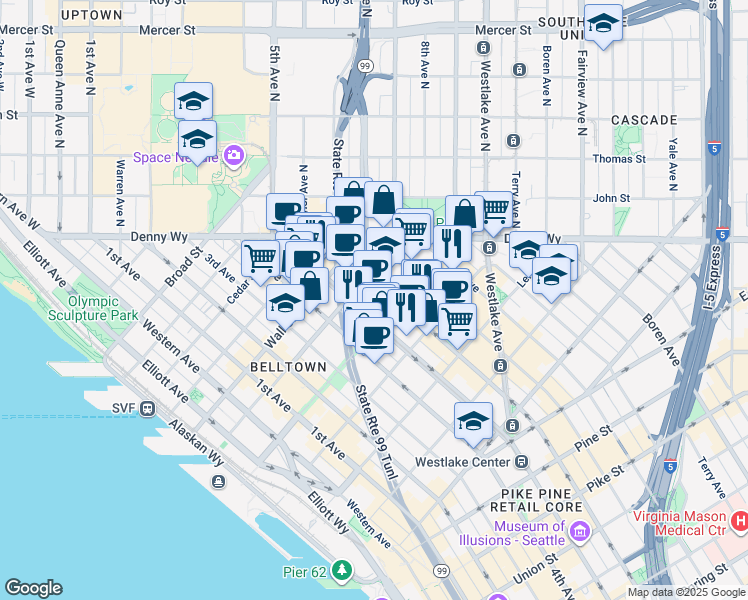 map of restaurants, bars, coffee shops, grocery stores, and more near 583 Battery Street in Seattle