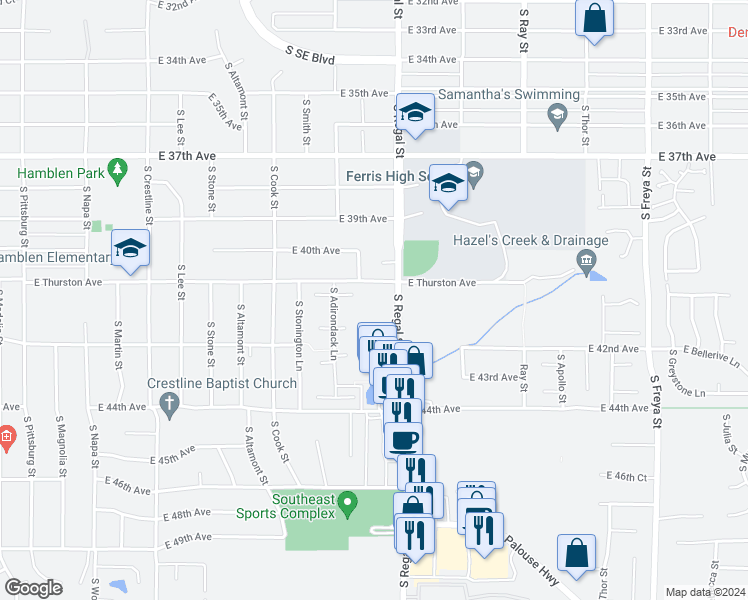 map of restaurants, bars, coffee shops, grocery stores, and more near 4102 South Regal Street in Spokane