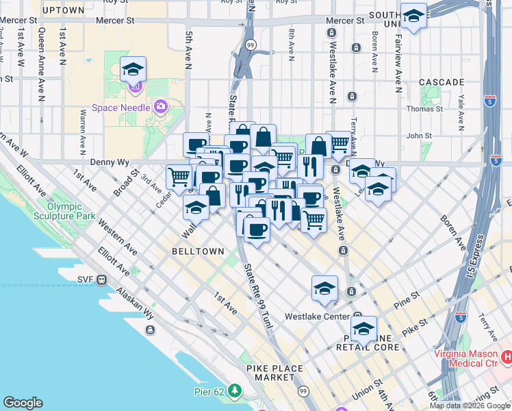 map of restaurants, bars, coffee shops, grocery stores, and more near 2301 6th Avenue in Seattle