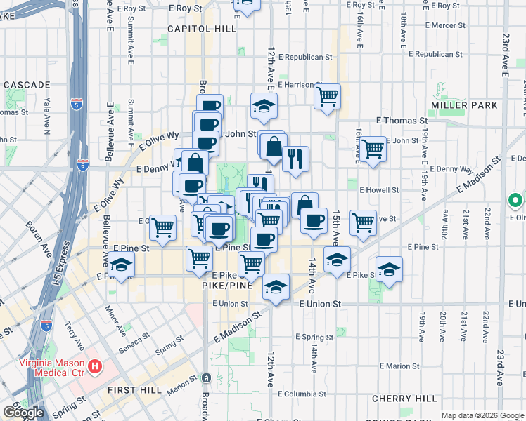 map of restaurants, bars, coffee shops, grocery stores, and more near 20 20th Avenue Northeast in Shoreline