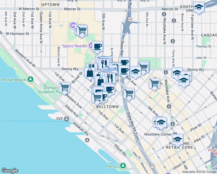 map of restaurants, bars, coffee shops, grocery stores, and more near 2515 4th Avenue in Seattle
