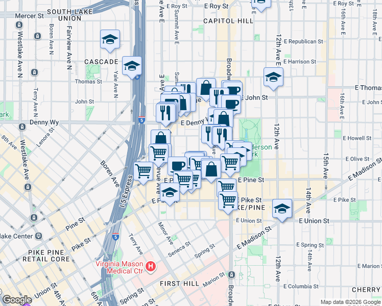 map of restaurants, bars, coffee shops, grocery stores, and more near 1737 Boylston Avenue in Seattle